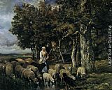 Shepherdess watering flock